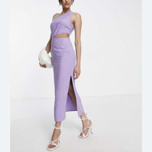 & Other Stories Cutout One-Shoulder Midi Dress Lilac Purple Linen Slit Size 4 - Picture 1 of 11